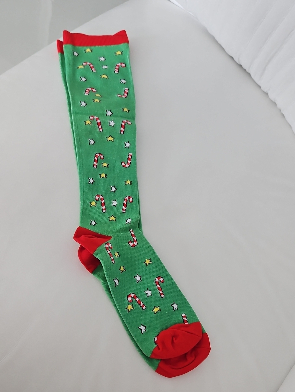 Festive Holoday Green Knee-High Socks with Candy Cane Print